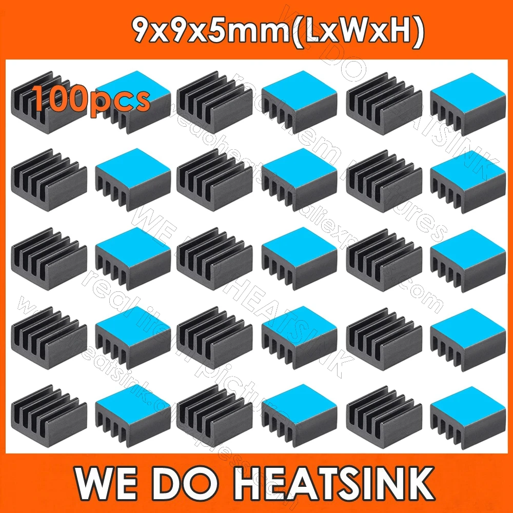 

WE DO HEATSINK 100pcs 9x9x5mm Black Ram Aluminum Heatsink Radiator Cooling Cooler With Thermal Adhesive Double Sided Tape Pad