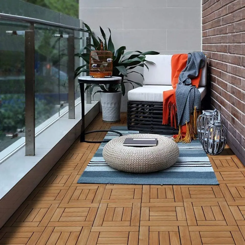 27PCS Patio Tiles Interlocking Wood Floor Tiles Outdoor Wooden Flooring Planks 12 x 12in Composite Decking Natural Wood