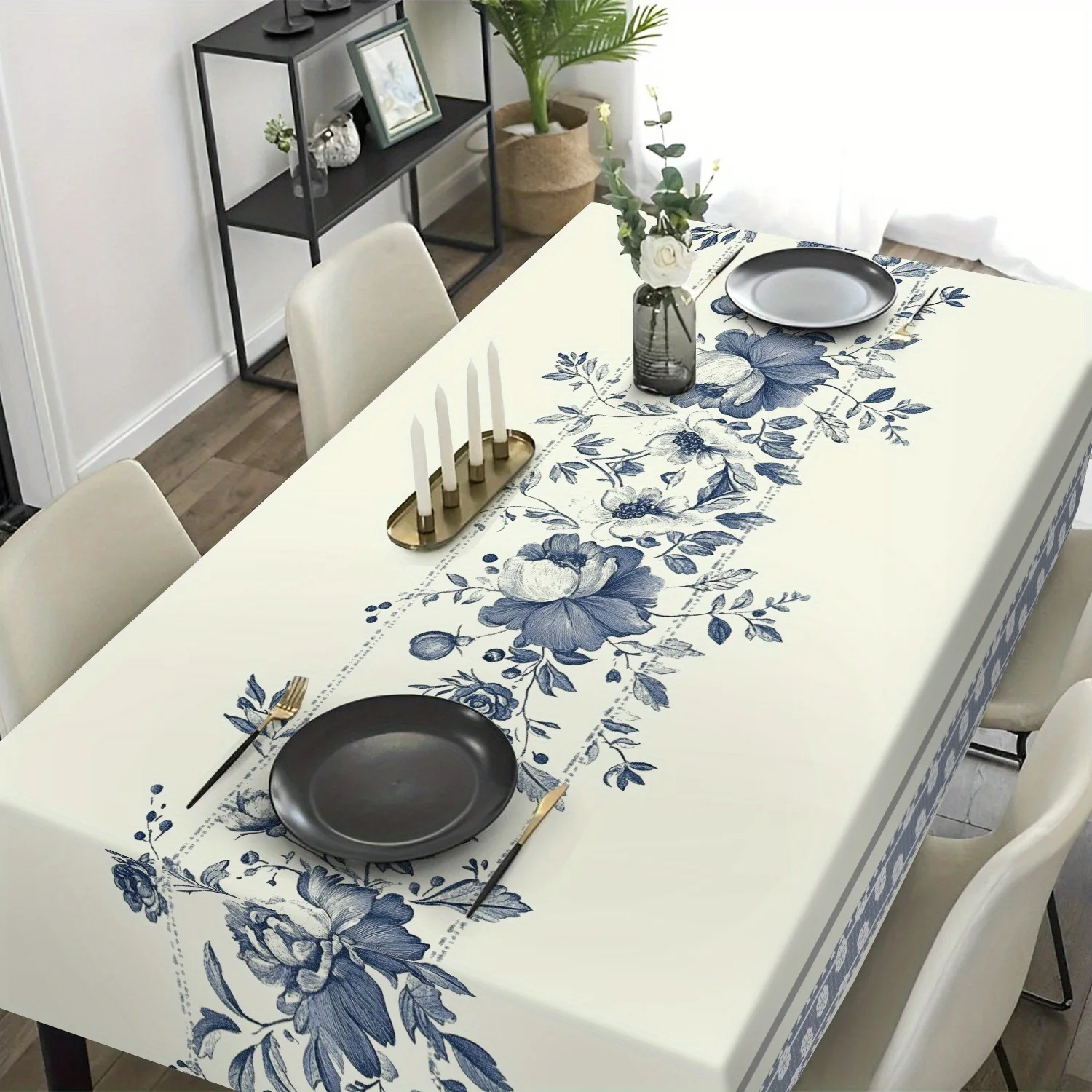 Blue and white porcelain pattern polyester tablecloth - Washable rectangular table cover