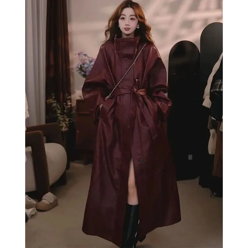 Korean Women Lace Up Long PU Leather Jacket Autumn Female Faux Leather Outwear Spring Ladies Stand Collar Loose Leather Top Coat