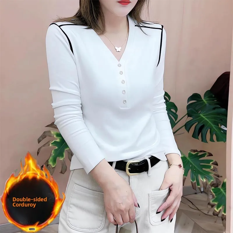 

Slim Fit Long Sve Double Faced Velvet Base irt Women's New Sle Autumn Winter V Ne Warm Top Faionable plus Size