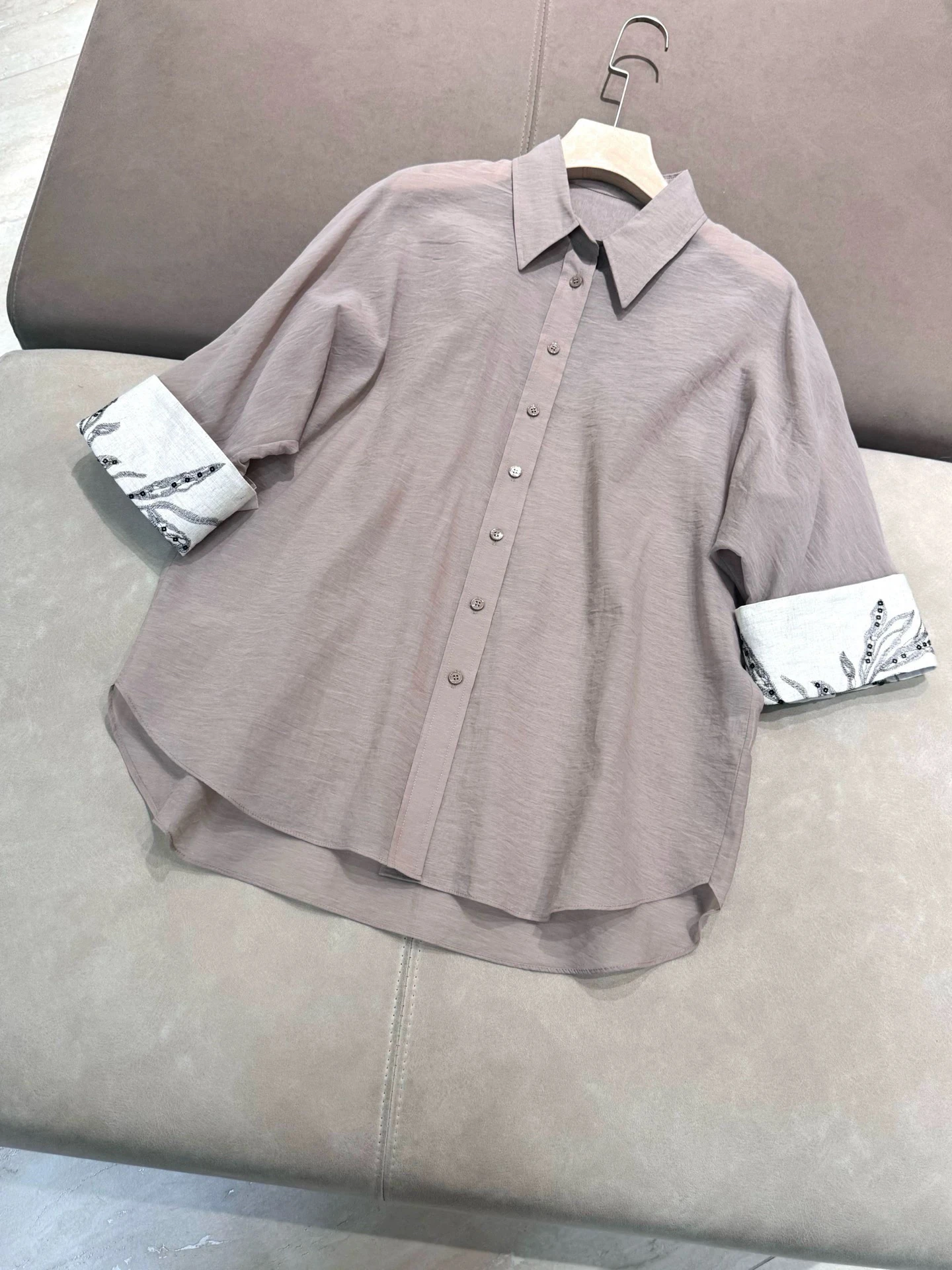 Spring Summer New Heavy Embroidery Cotton Medium-sleeved Casual Loose Shirt All-match