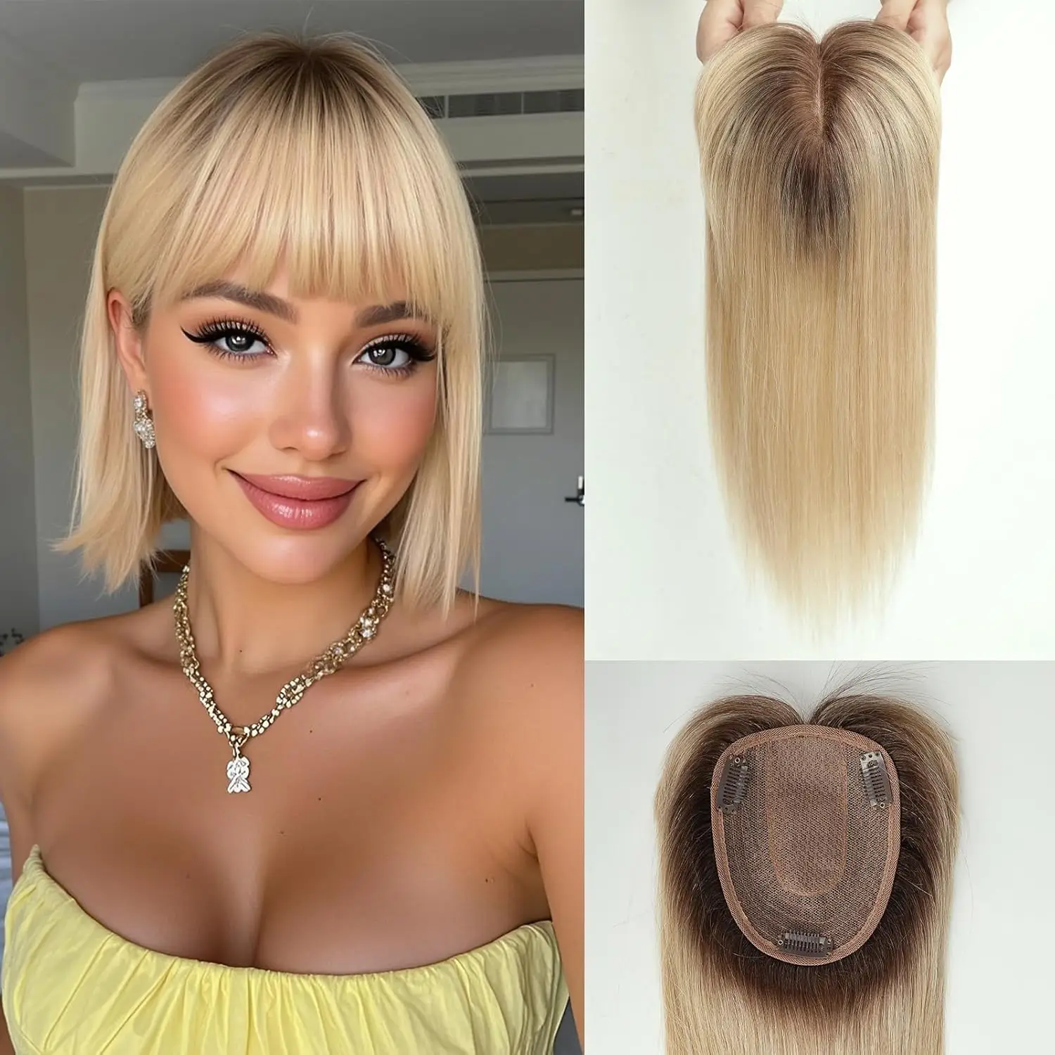 

Блондинка, омбре, топперы из человеческих волос с челкой, 10-дюймовые заколки Remy, шиньоны с темным корнем для женщин, настоящие наращивание волос