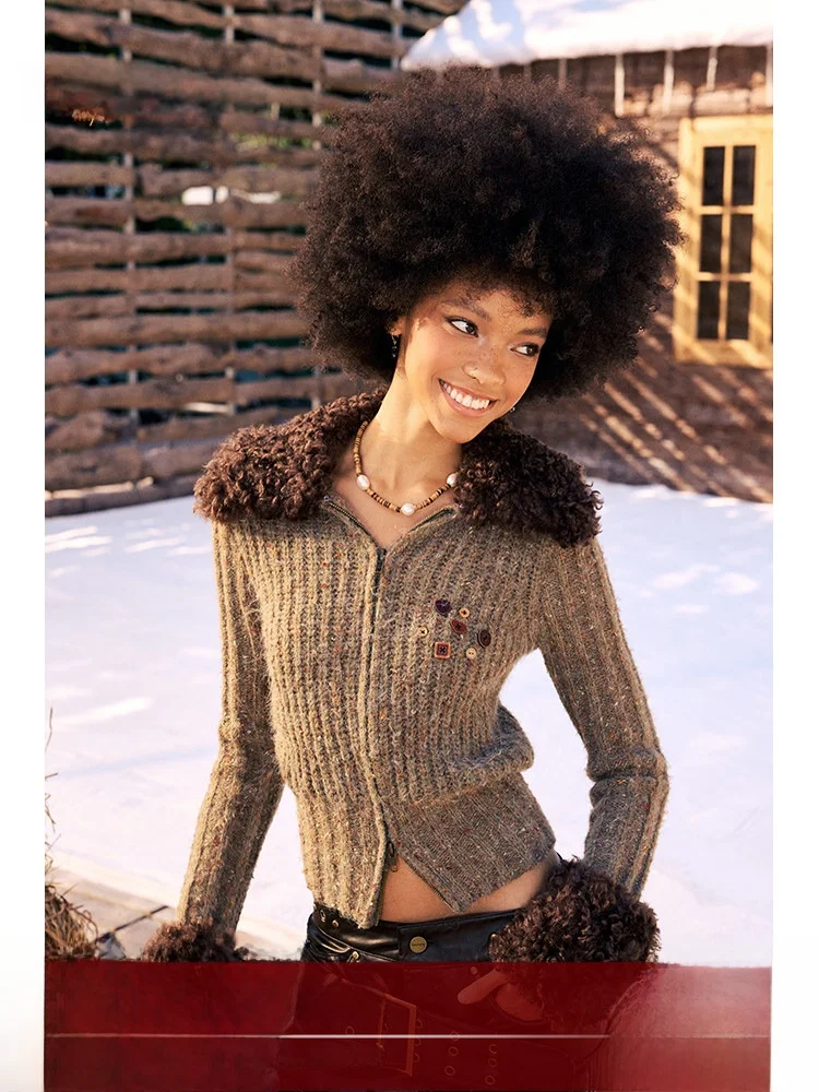 

BeerBro American Sle Vintage Thiened ort Cardigan Sweater Women's Autumn Winter Outerwear with Fur Collar Street Sle ...