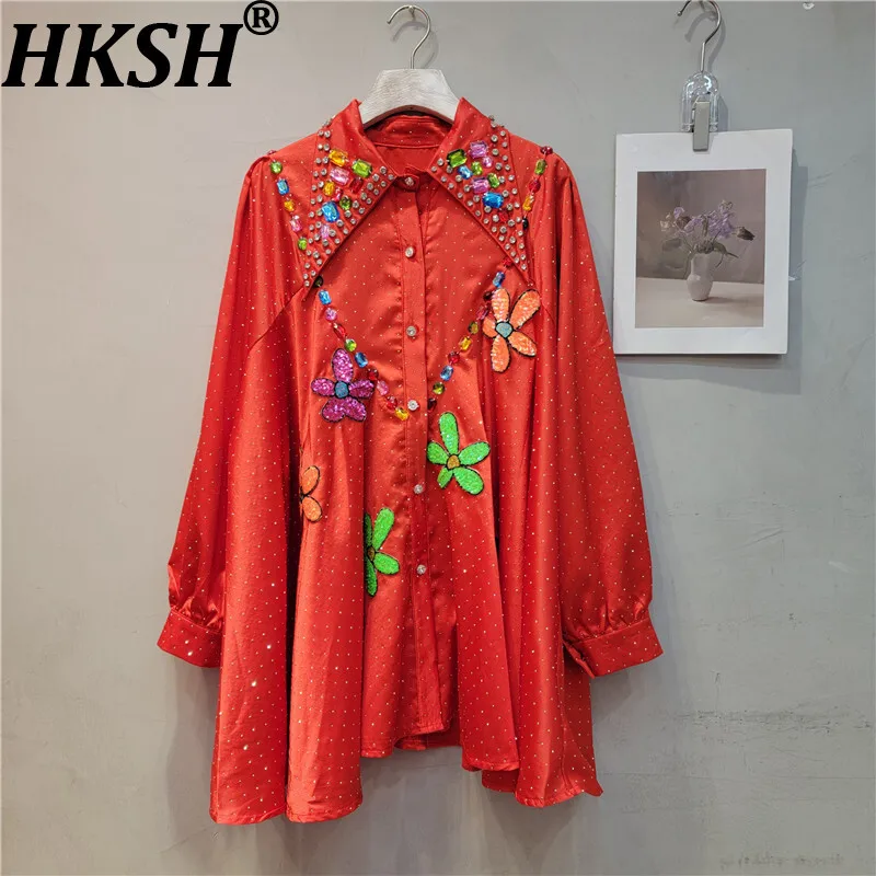 

HKSH Autumn New Women Shirt Heavy Craft Studded Diamonds Sequins Long Sleeved Turn-down Collar Luxury Stylish Casual Tops HK9633