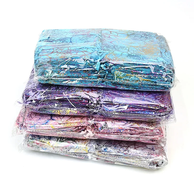 100pcs/Lot Multi Size Coral Design Organza Sachet Jewelry Packaging Pouches Christmas Wedding Party Bolsa Drawstring Gift Bags