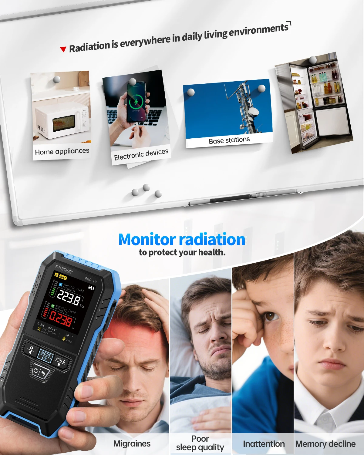 FNIRSI ERD-10 Multifunctional EMF Meter 4-in-1, Electric Magnetic Field Strength, RF Power, Temperature Display, USB-C Charging