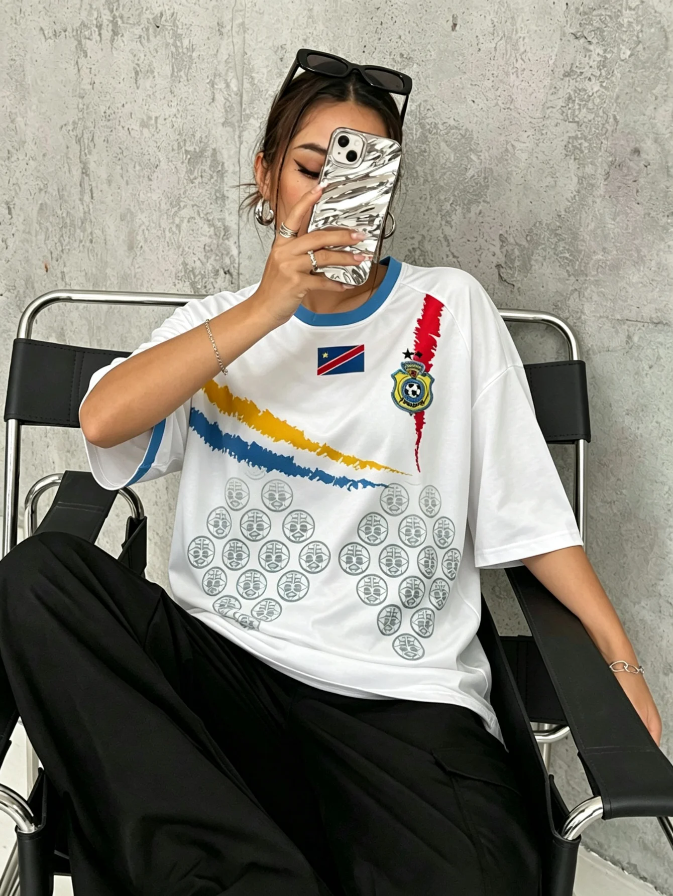 Congo Y2K Jersey White Blue African Men Women Unisex Short Sleeve Plus Size Standard Size Mask Tribal Soccer Graphic Top