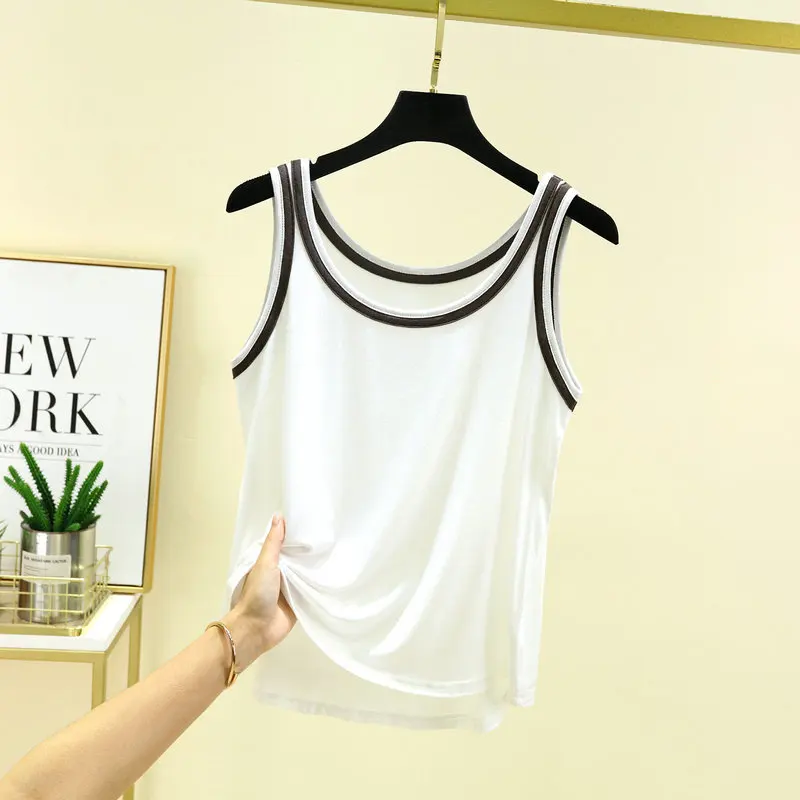 Modal Camisole summer women\'s Tank tops Contrast color all match Tshirts sleeveless O-Neck Bottoming Top