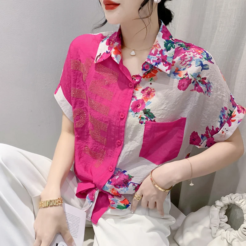 

Summer 2024 Women's Fashionable Loose Fit Short Sleeve Shirt with Rhinestone Embellishment Chiffon Top Versatile Kn...