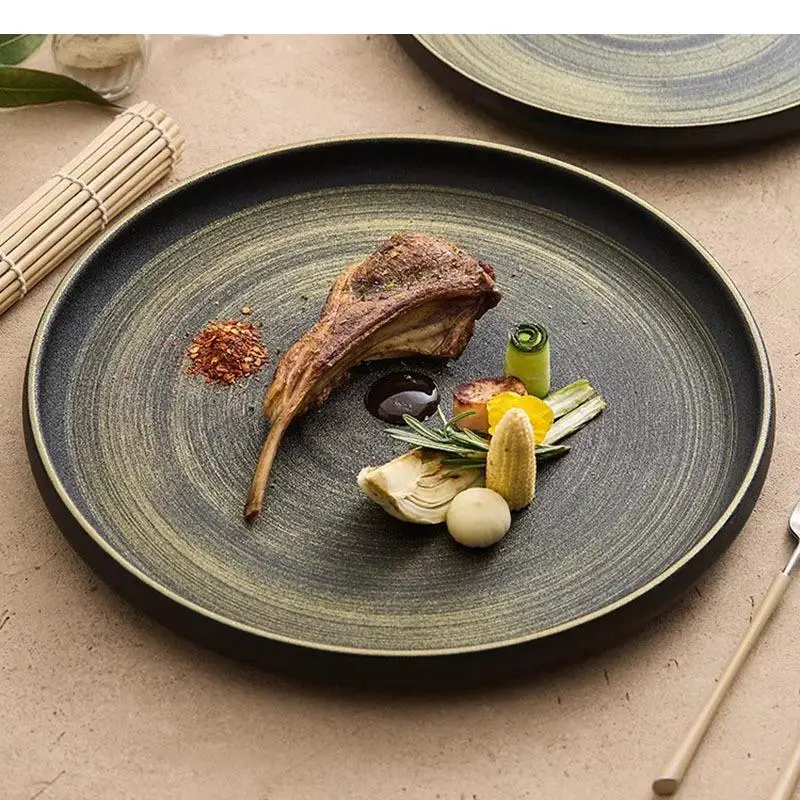 

Retro Hand Painted Ceramic Standing Flat Plate Restaurant Steak Pasta Snack Dessert Plates Specialty Tableware