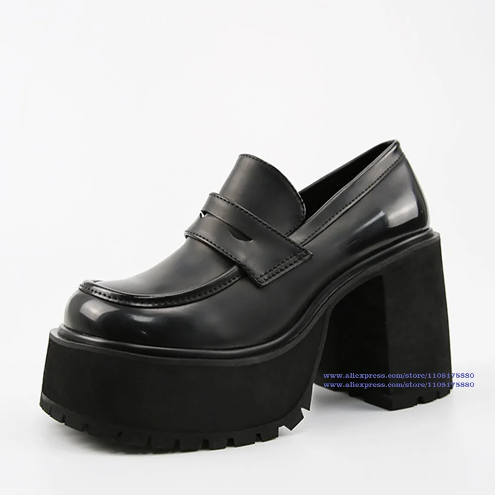 

Black Platform Chunky Heel Loafers Y2K Style Black Leather Slip-On Pumps Vintage Single Shoes Elegant New In Women's Shoes