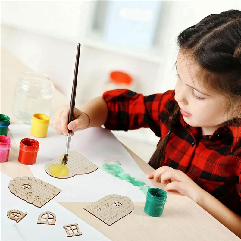 ABMI-96 Pcs Fairy Door Wooden Garden Doors Craft Mini Window Fairy House Kit Unfinished Miniature Door Unpainted Fairy Window,