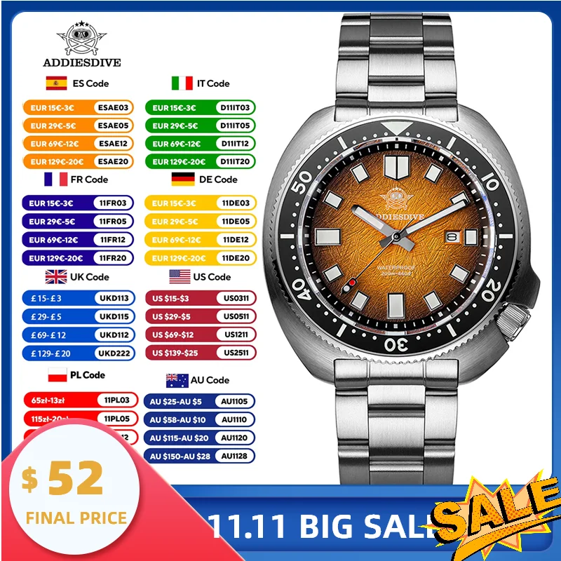 

ADDIESDIVE Men’s Quartz Diving Watch AD2511 200M Waterproof 316L Stainless Steel Case BGW9 Super Luminous Sapphire Ceramic