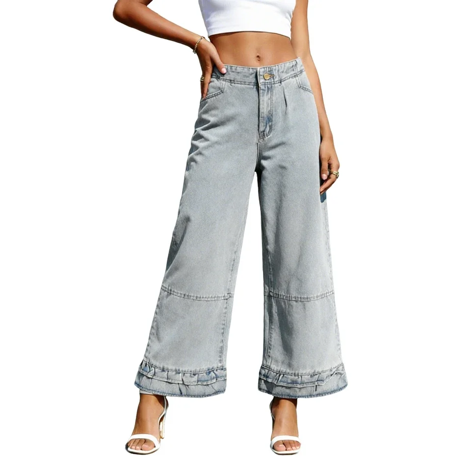 Womens Wide Leg Jeans 2026 Trendy Cropped Baggy Jeans Loose Fit Cute Ruffle Hem Trousers High Waist Denim Pants Streetwear