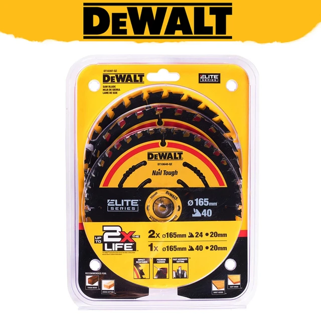 DEWALT DT10397 Brzeszczot do piły tarczowej serii Elite 2X165mm 24T 1X165mm 40T 3 opakowania Odporne na uderzenia akcesoria do elektronarzędzi z węglików spiekanych