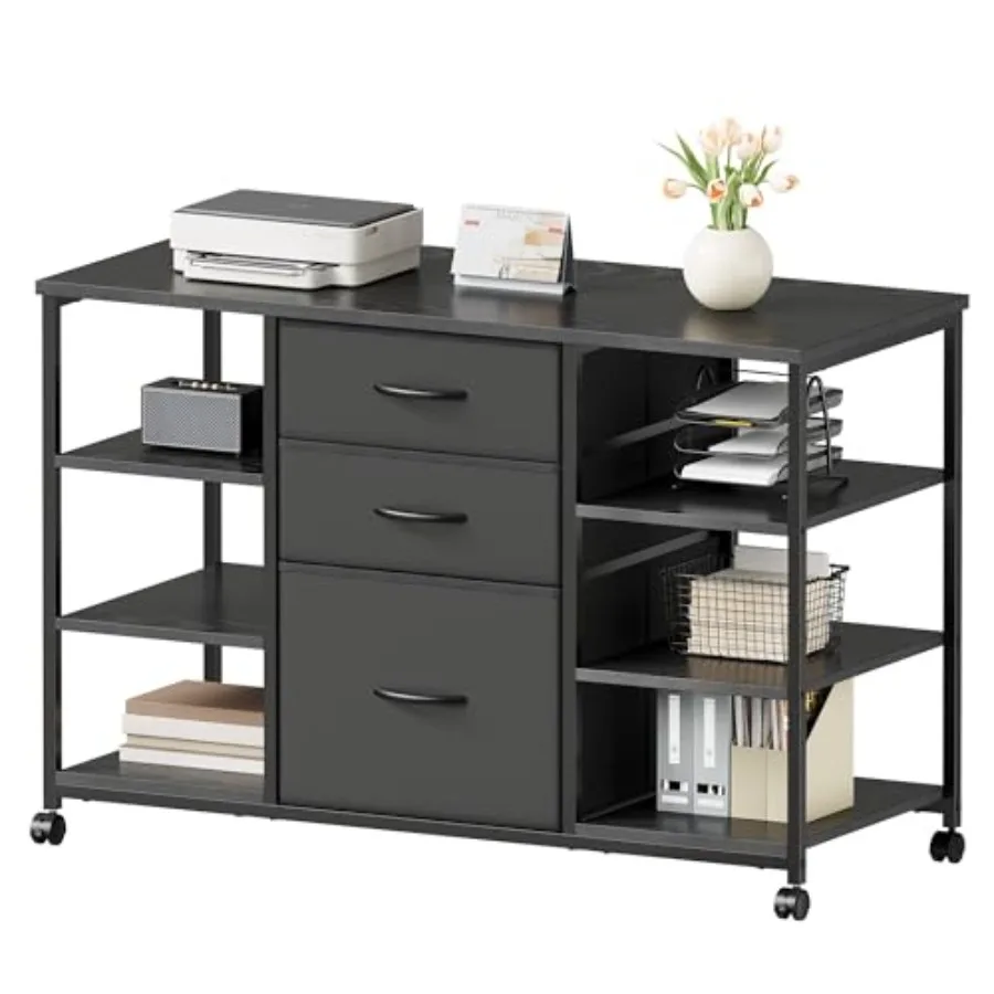 Mobile File Cabinet, Lateral Filing Cabinet with 3 Fabric Drawers, Rolling Printer Stand with 4 Open Storage Shelf for Home Off