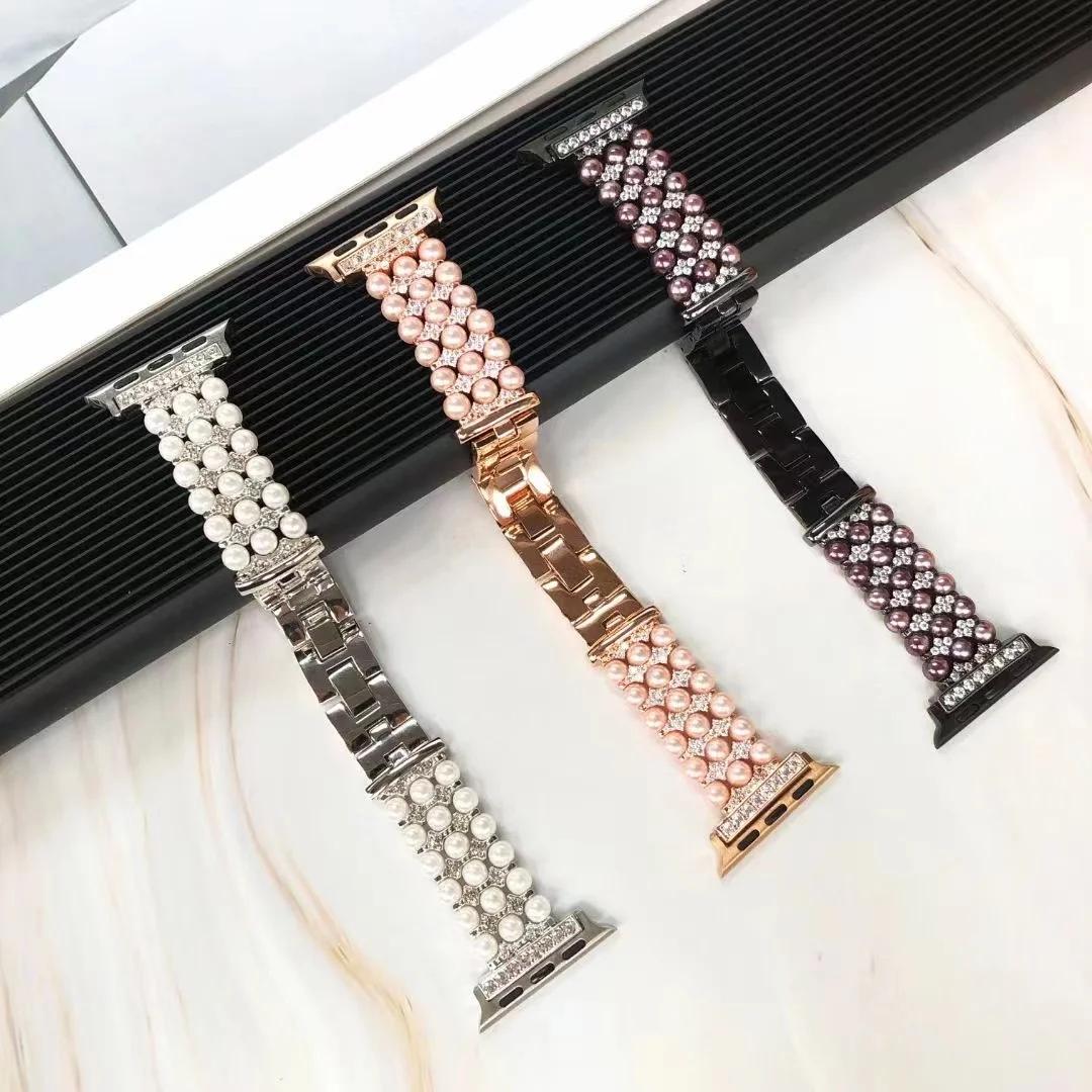 Pearl+Metal Strap For Apple Watch 45mm 44mm 41mm 42mm 40mm 49mm Women Diamond High-end Band iWatch Ultra 8 7 6 5 4 3 SE Correa