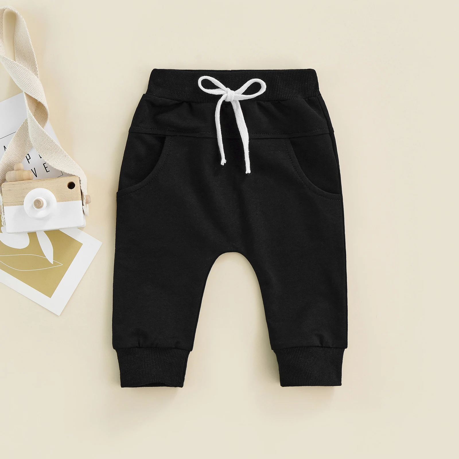 Newborn Boys Girls Ankle-Tie Trousers Elastic Waist Leggings Adjustable Drawstring Loose Fit Plain Long Pants Casual Clothes