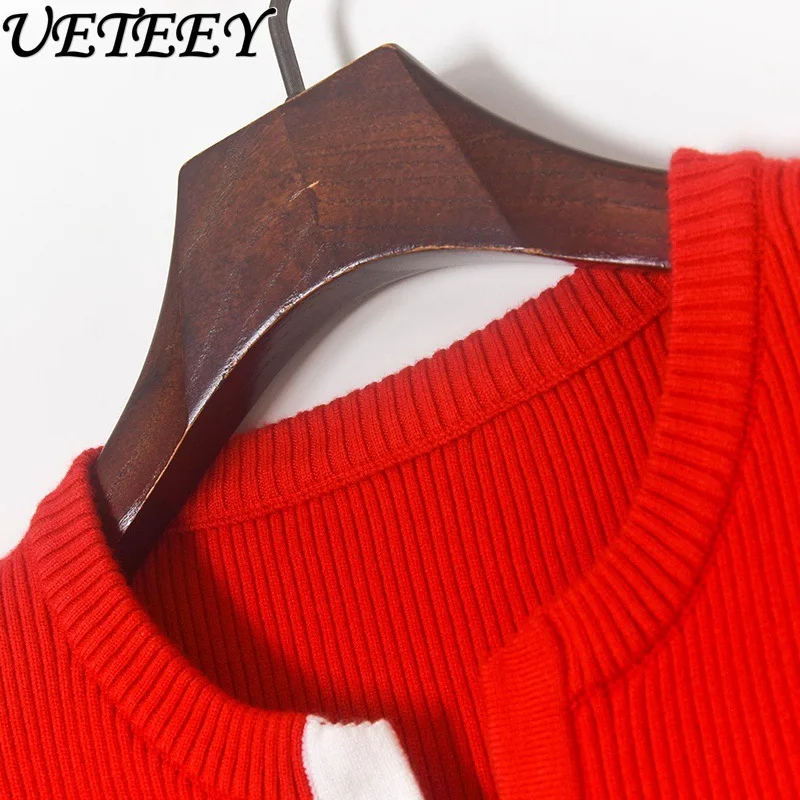 Outono inverno novo botão cor-bloco manga longa camisola de malha moda elegante feminino fino ajuste versátil curto cardigan