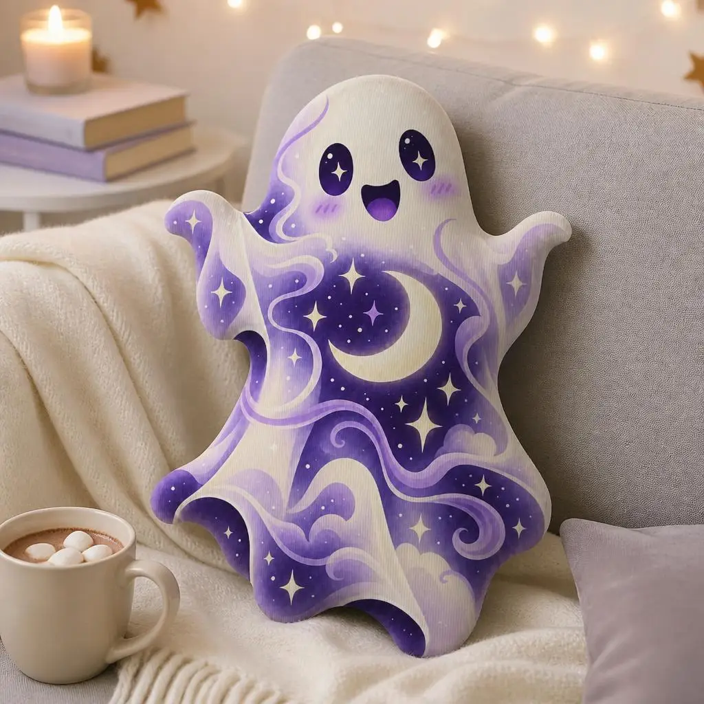 Cosmic Starry Ghost Shaped Pillow Cute Halloween Cushion Stuffed Throw Pillow Moon and Stars Art for Sofa Home Decor Gift