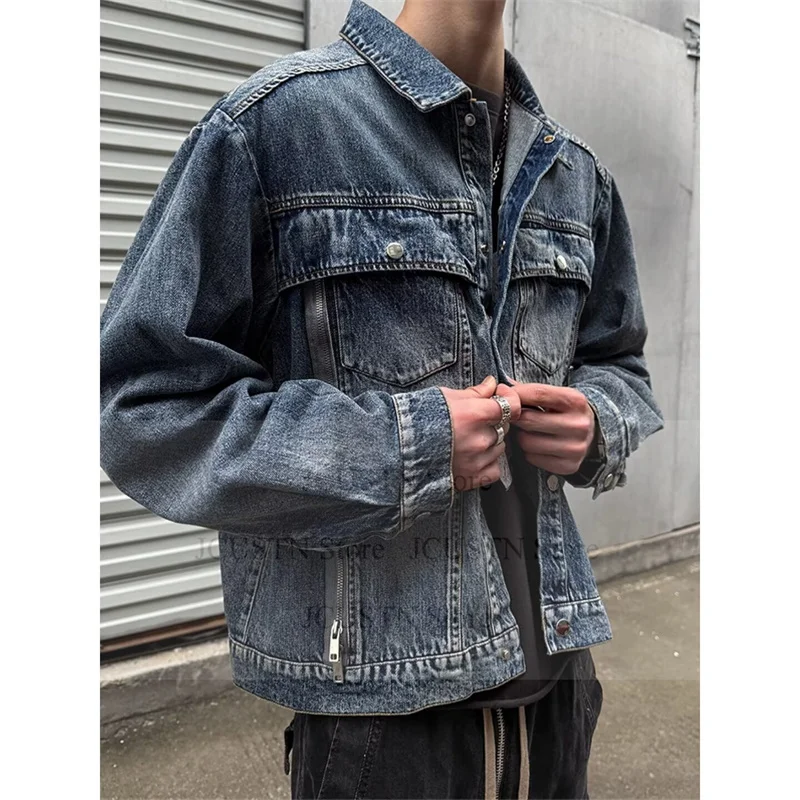 Retro Denim Jacket Washed Denim Coat for Men Autumn Winter Fashion Streetwear Hiphop Personality Design Turn Down Collar Outwear