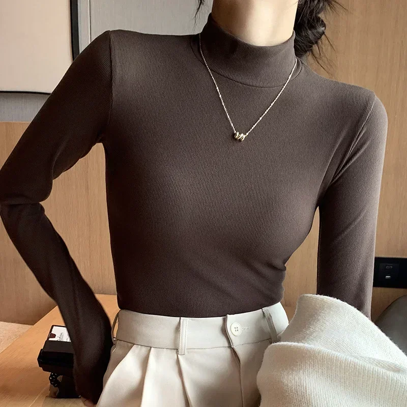 Women Autumn Half Turtleneck Sweater Ribbed Long Sleeve Knitted Basic Solid Pullover Sweater Female Winter Soft Slim Jumpers Top