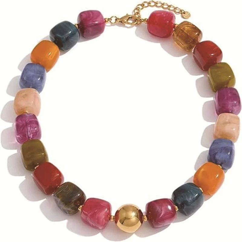 HangZhi Summer Bohemian Irregular Resin Square Bead Necklace Transparent Green Brown Block Handmade Beach Vacation Jewelry