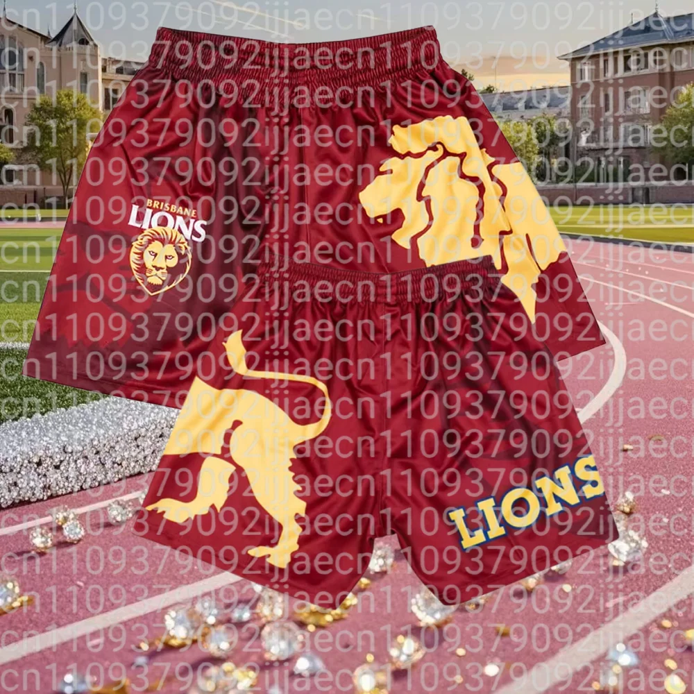 Sommer-Trainingshose der Brisbane Lions in Burgunderrot, atmungsaktiv, doppelseitig, mit goldenem Löwentotem × „AFL Bloodline“ für Familienpassende Outfits