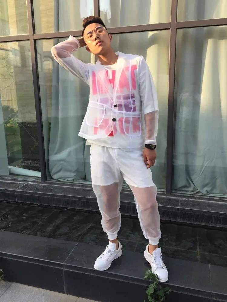New Mens Summer See Through Fashion Sunscreen Blazers Pocket Suit Collar Two Single Breasted Buckles Personality Blazer Hot Sale