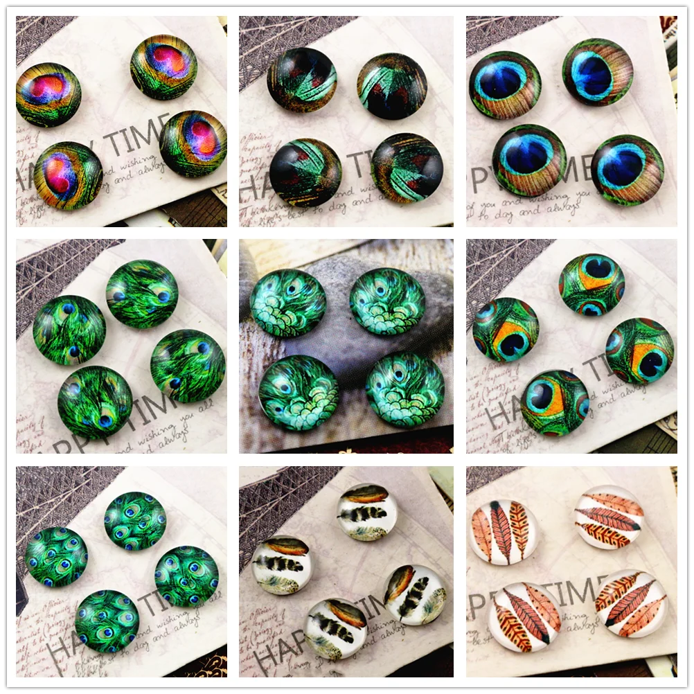 New Fashion 20pcs 12mm Handmade Photo Glass Cabochons Peacock Feather Dome DIY Jewelry Making Findings