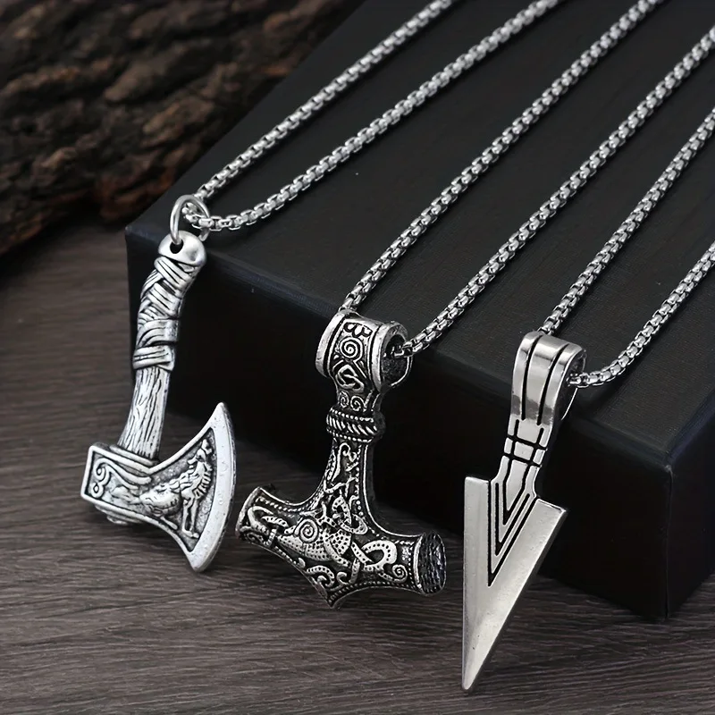 3PCS/SET Retro Viking Wolf and Odin Crow Axe Pendant Alloy Steel Talisman Axe With Thor Hammer Pendant Jewelry Accessories Gifts