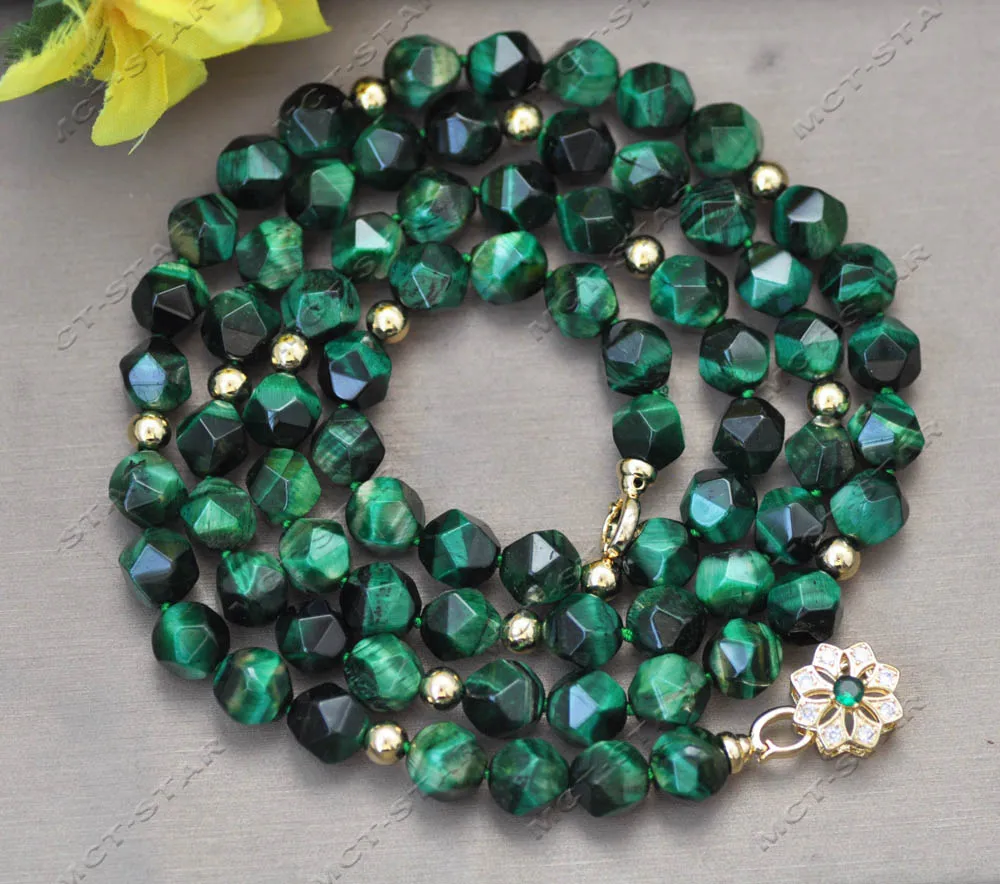 

Z13136 34'' 10mm Green Round Faceted Malachite Tiger's Eye Gemstone Necklace CZ