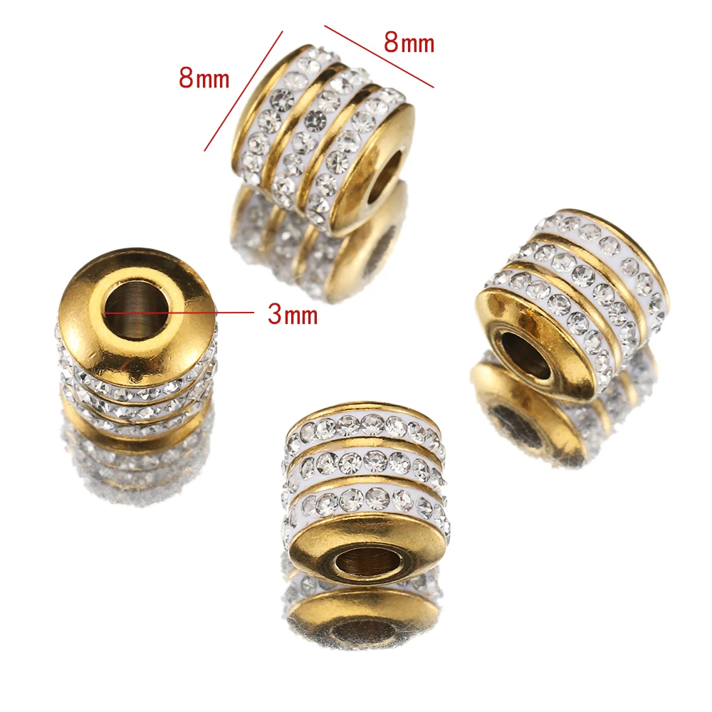 5pcs 8mm Stainless Steel Crystal Golden Tube Spacer Beads Charms Zircon Loose Bead for DIY Needlework Jewelry Making Accessories