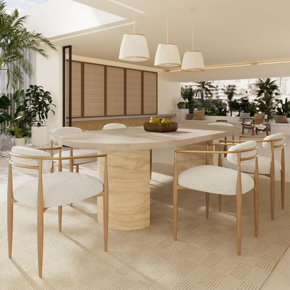 

Modern Dining Chairs Set of 6, Boucle Upholstered Dining Chairs with Wood Grain Legs and Gold Arms for Kitchen,