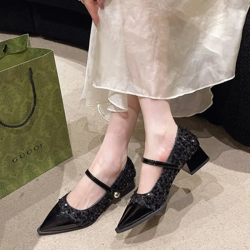 2024 New Designer Spring and Fall Women Mary Jane Shoes Ladies Fashion Pointed Toe Thick Heel Women's Comfort Office Pumps Shoes