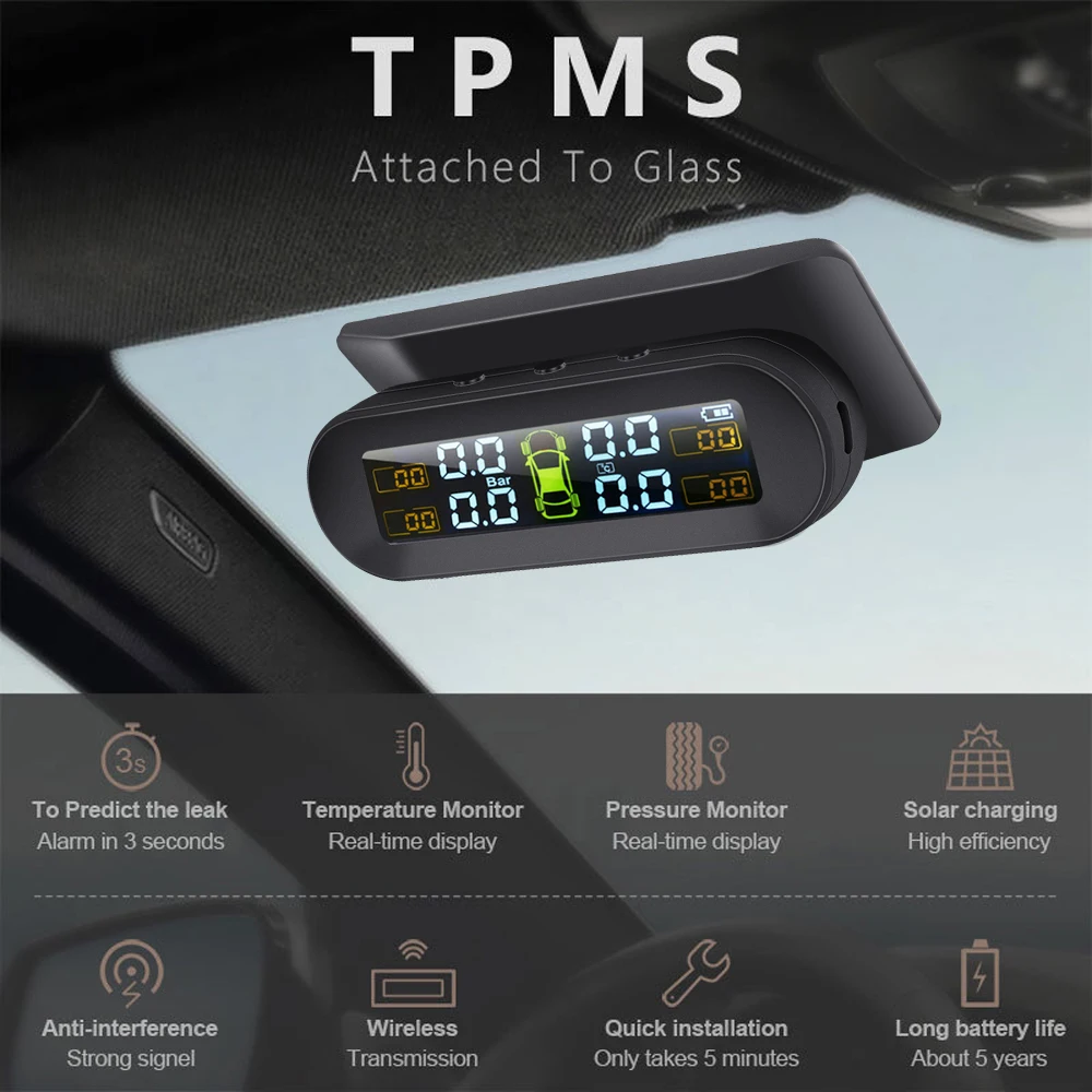 TPMS Car Tire Pressure Alarm Monitor System Automatic Brightness Control Wireless Solar Power 4 Sensors Decoration Accessories