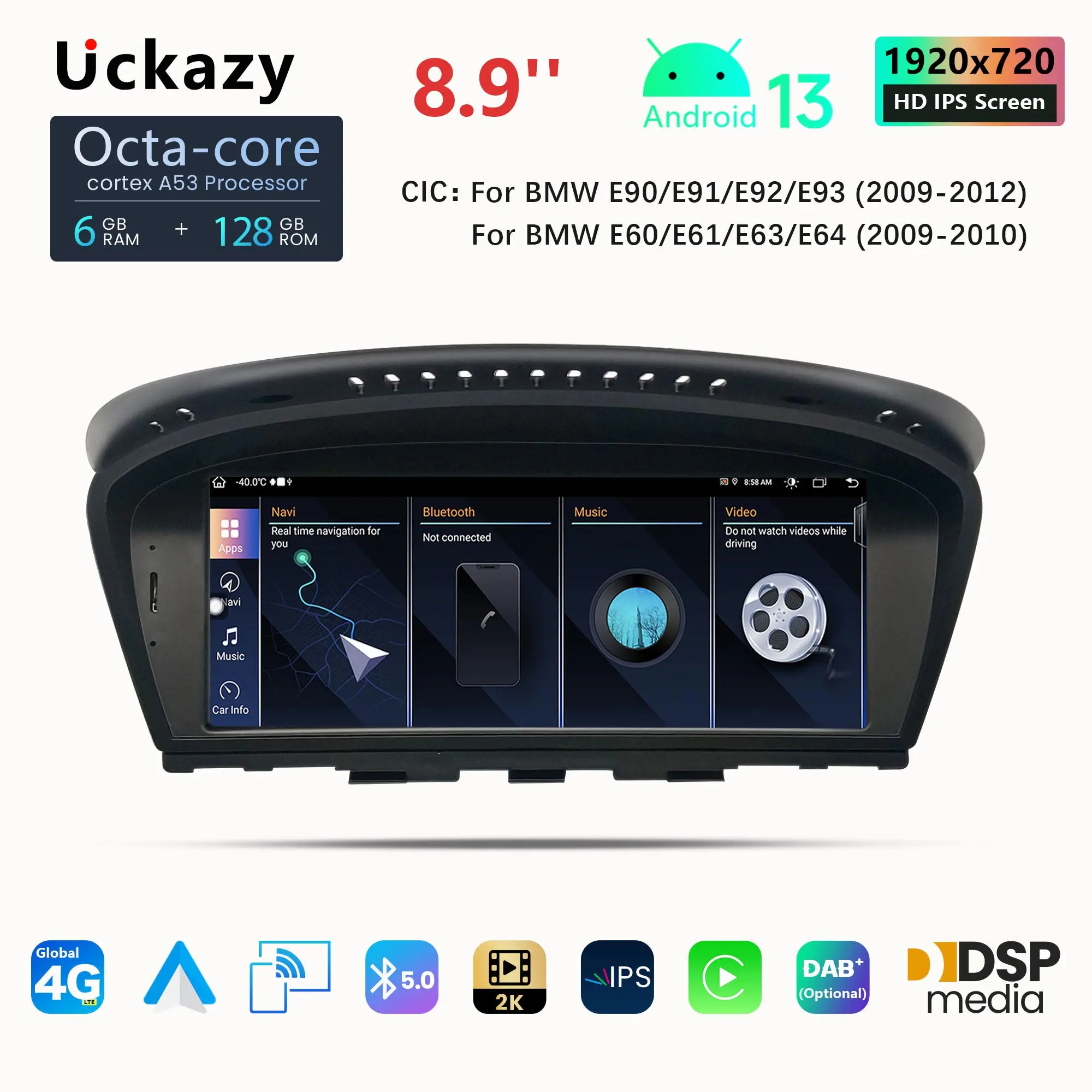 Uckazy 8 Core 128 GB Android 13 AutoRadio For BMW Series 5/3 E60 E61 E62 E63 E90 E91 Multimedia Screen CIC CCC GPS Navigation Head Unit Stereo Audio Carplay DSP