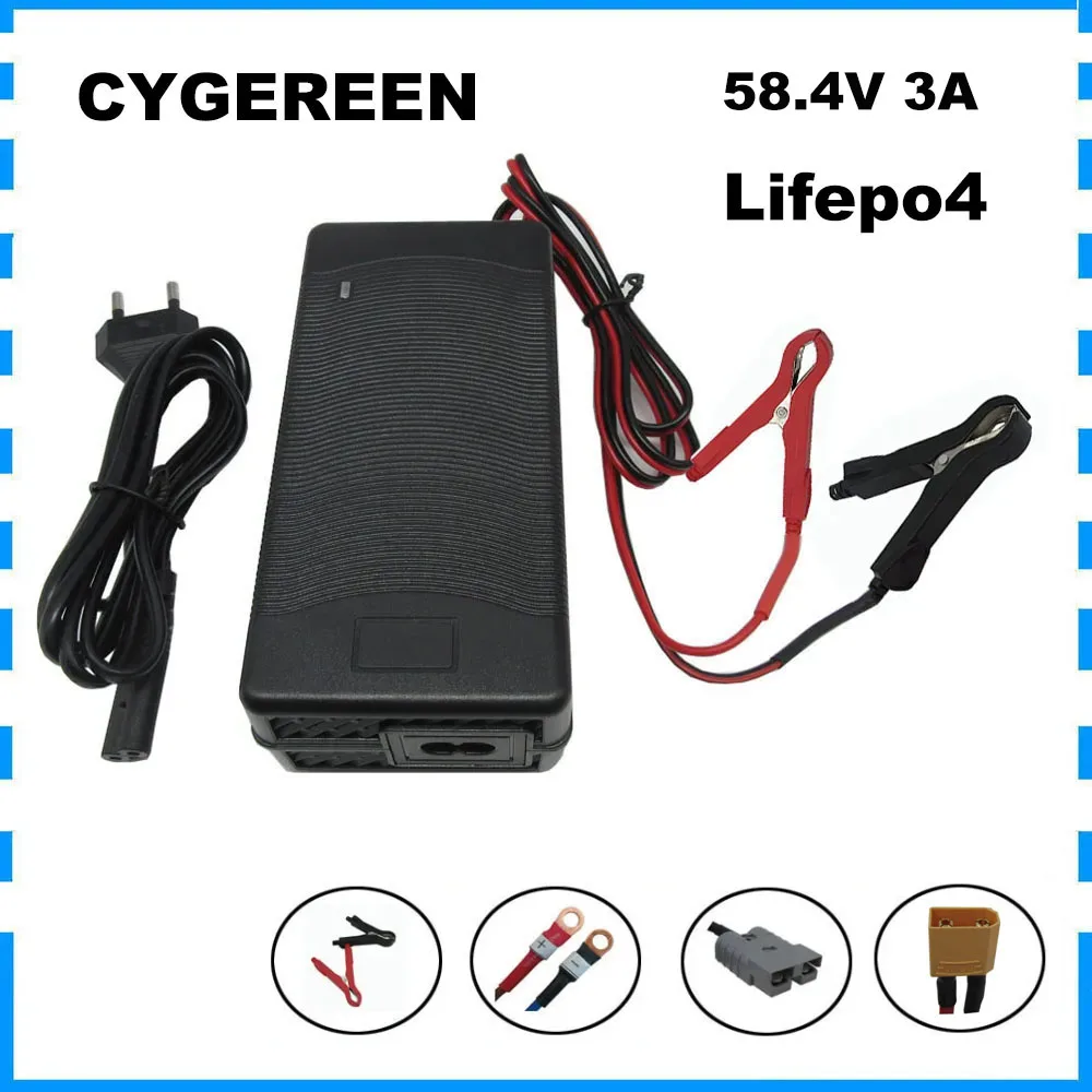 Cargador rápido de batería Lifepo4 de 58,4 V, 3A, 48V, 3A, 16S, 30AH, fosfato de hierro, cargador de sistema Solar LFP XT60 XT90