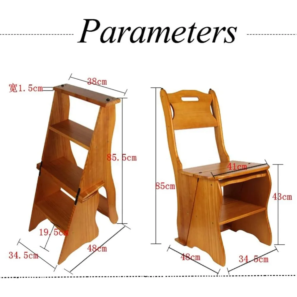 4-Step Stool Dual Purpose Ladder Wooden Folding Library Ladder Chair