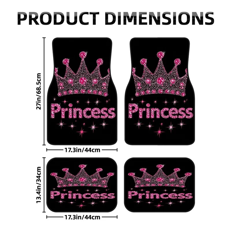 4Pcs Universal Car Floor Mats, Pink Crystal Crown Princess Design, For Girls Women