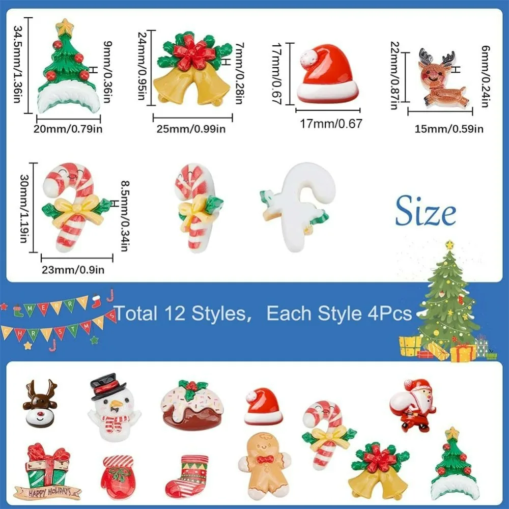 1 Box 48Pcs 12 Styles Christmas Resin Cabochons Christmas Resin Charms Xmas Tree Snowman Bell Candy Cabochon for Embellishments