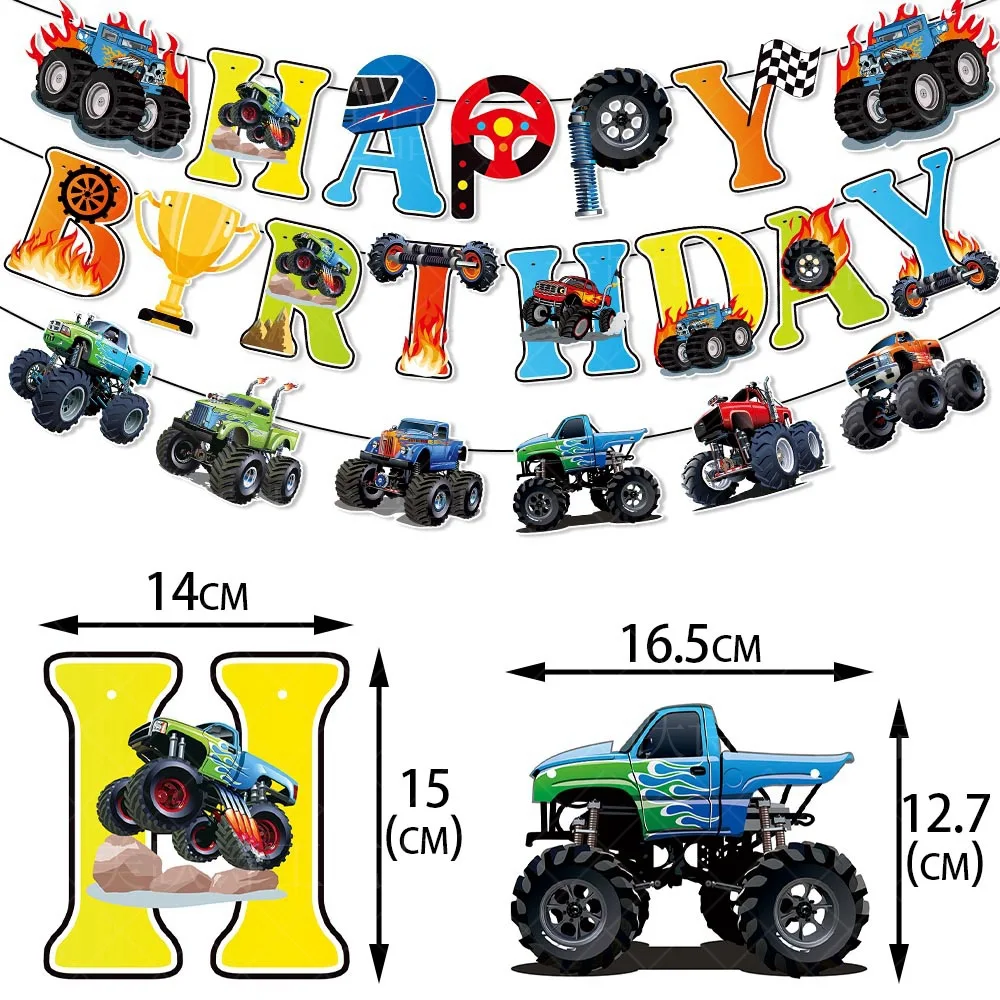 Monster Truck Happy Birthday Banner Off-road Vehicle Letters Theme Party Supplies Boys Girls Kids Birthday Party Decorations