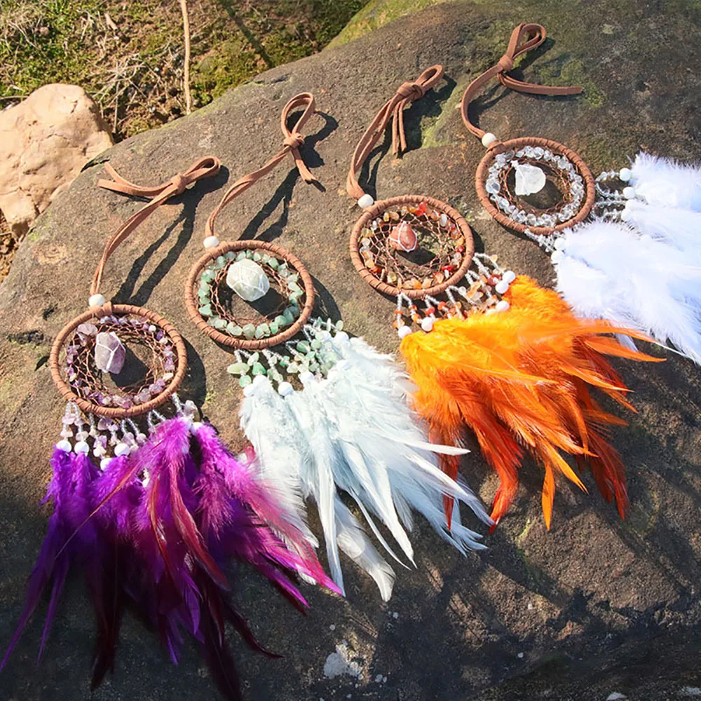 

Natural Crystal Handmade Dream Catcher with Feathers Amethyst Citrine Lapis Lazuli Red Agate Raw Chip Stone Car Hanging Ornament