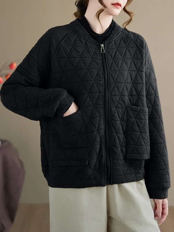 

2025 Winter New Faion Thiened Diamond Pattern Casual Baseball Collar Open Cardigan Women's Loose Fit Long Sve Zipper J...