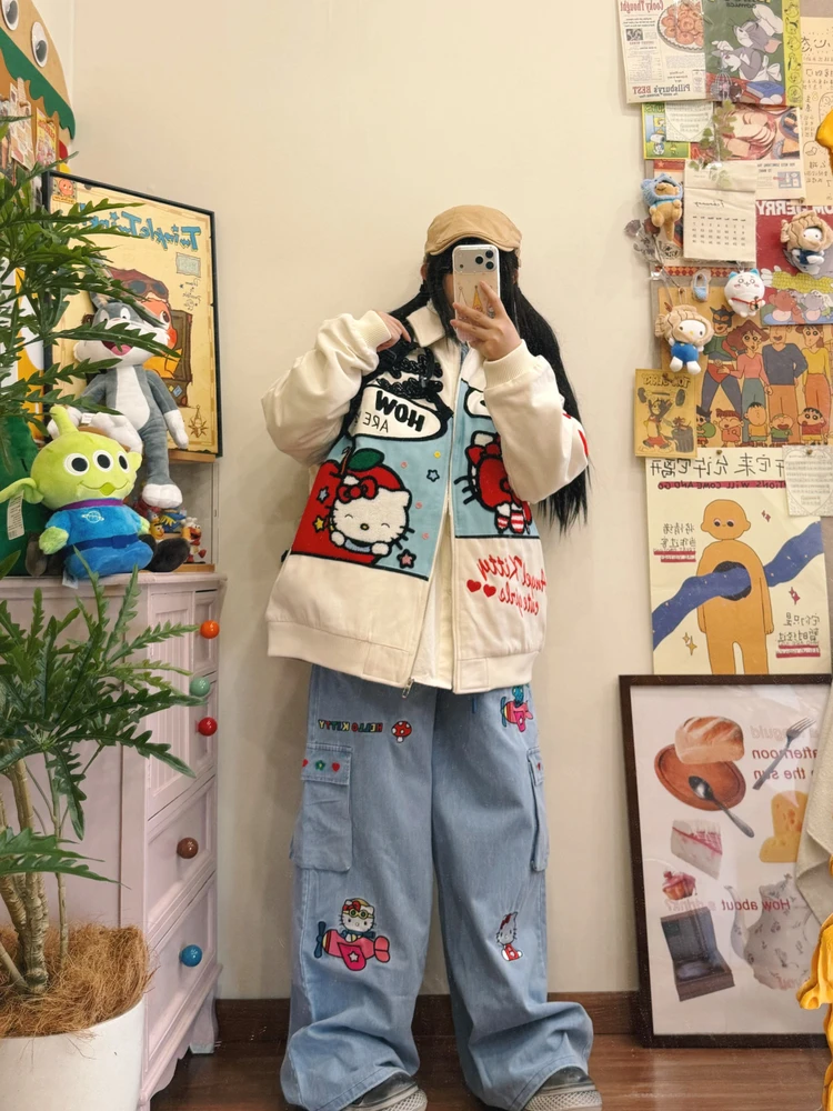 

BIBULU Retro Cartoon Embroidery Baseball Jaet Women's Loose Lazy Sle Autumn Winter Cotton Outerwear Trendy Thiened Top