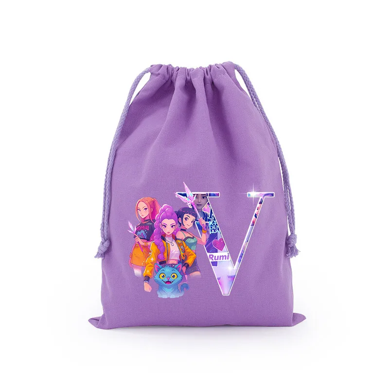 Kpop Demon Hunters Drawstring Bags Cartoon Printed Letter A-Z Makeup Candy Key Storage Gift Bags Convenient Bundle Pockets 2025