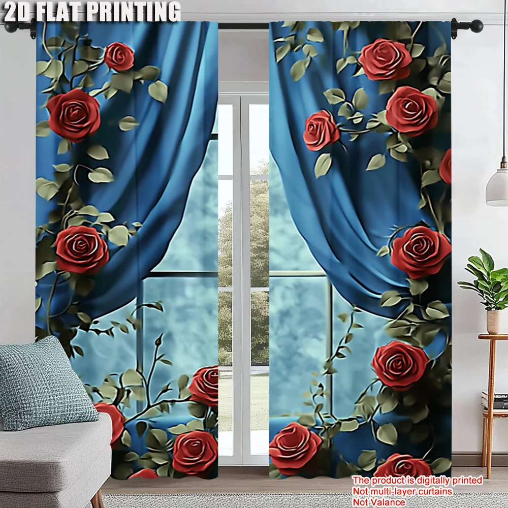 

2Pcs Red Rose Window Sill Print Curtains Suitable For Bedroom Living Room Kitchen Uv-Resistant Polyester Unique Design