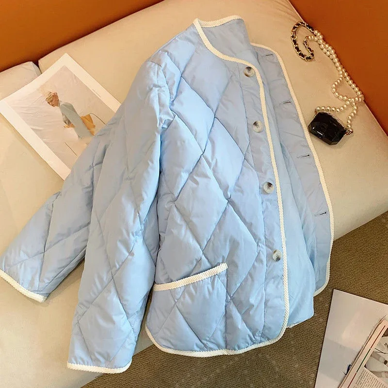 DAYIFUN-Women's Blue Diamond Grid Cotton Jacket,Loose,Short Winter Ladies Coats,Single Breasted Female Jackets with Pockets