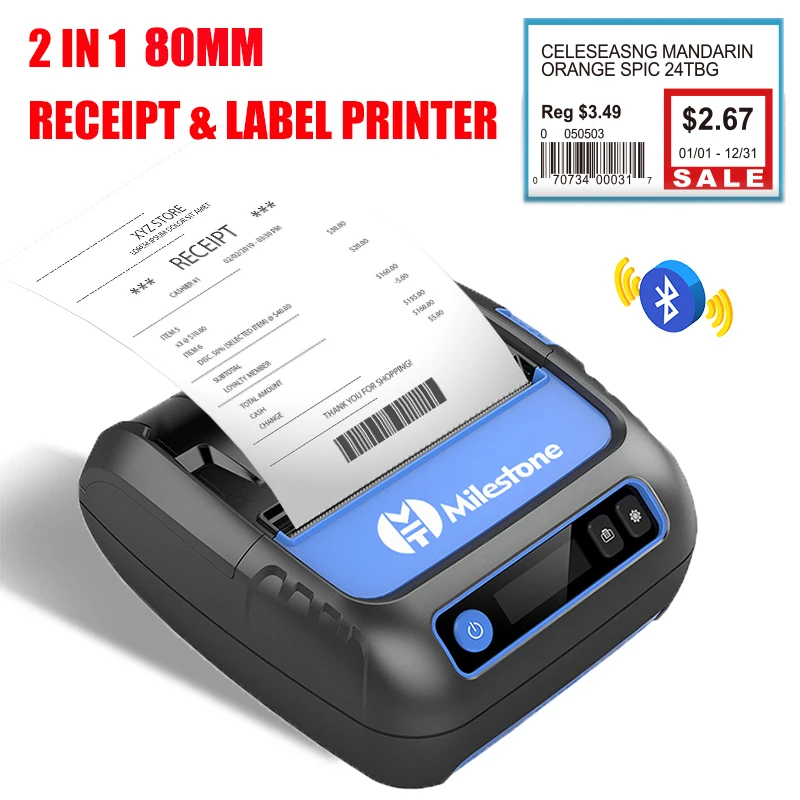 

Milestone Mini Receipt Printer 80MM Thermal POS Printer Self-Adhesive Label Maker Bluetooth Receipt Printer Support Loyverse